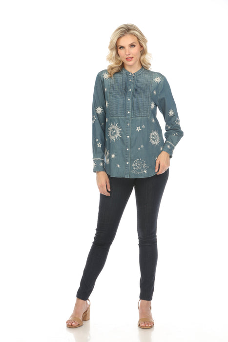 Johnny Was Workshop Denim Blue Andromeda Tuxedo Shirt Boho Chic W17624