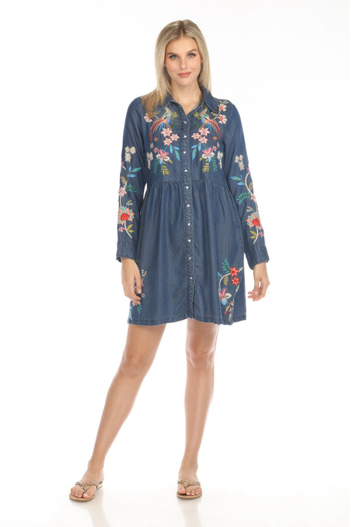 Johnny Was Workshop Style W31124-E Denim Blue Malaya Piping Shirt Dress