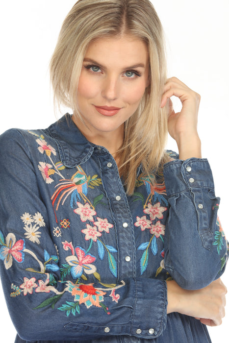 Johnny Was Workshop Denim Blue Malaya Piping Shirt Dress W31124-E