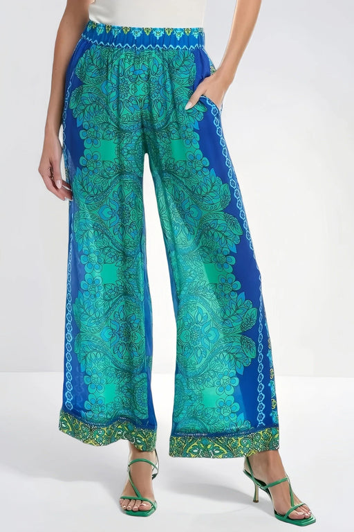 Green and blue patterned silk wide leg pants with side pockets from Johnny Was