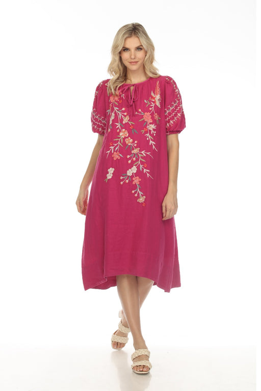 Johnny Was Workshop Style W37023 Festive Fuchsia Cherri Tie Neck Embroidered Midi Dress Boho Chic