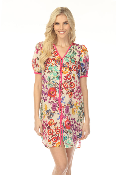 Johnny Was Workshop Floral Contrast Piping Tunic Dress W32025-3