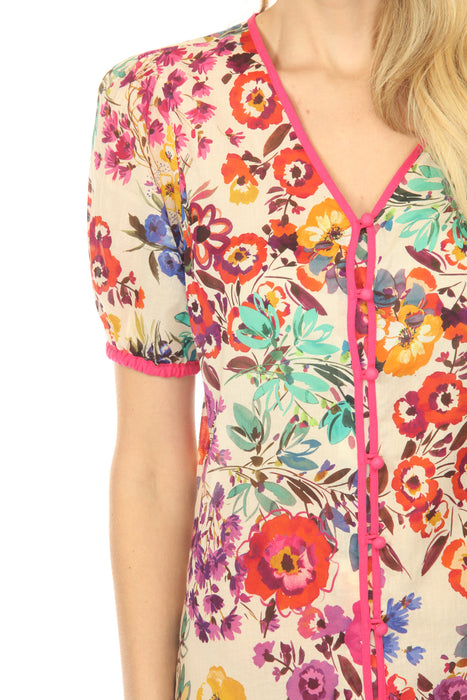 Johnny Was Workshop Floral Contrast Piping Tunic Dress W32025-3