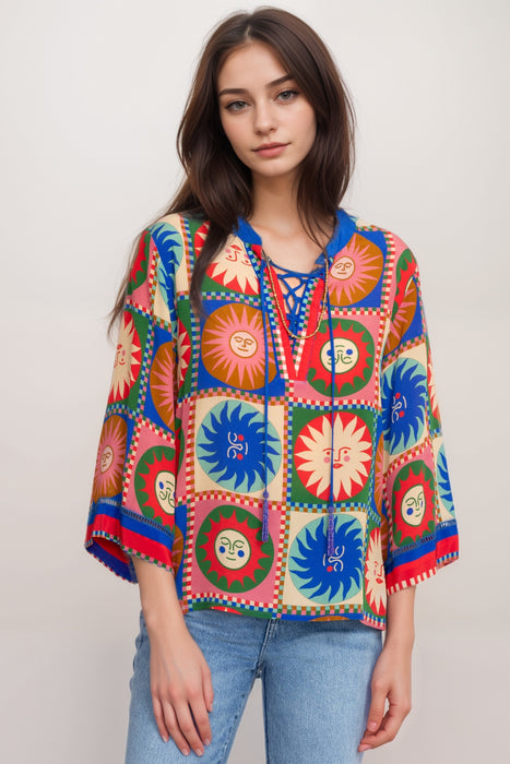 Johnny Was Workshop Style W15825-R Front Tie Villa Silk Blouse 