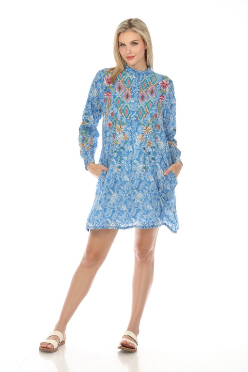 Johnny Was Workshop Style W32823-E Gabriella Tuxedo Yoke Embroidered Shirt Dress Boho Chic