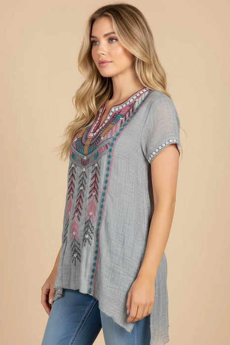Johnny Was Workshop Grey Gaia Boho Drape Tunic Top W18819-6
