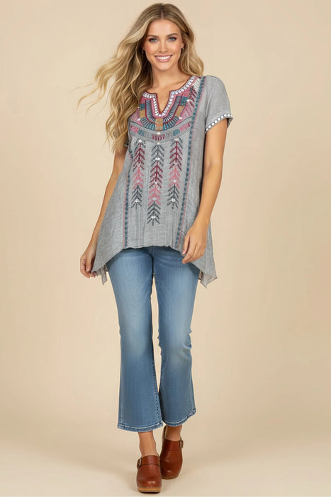 Johnny Was Workshop Grey Gaia Boho Drape Tunic Top W18819-6