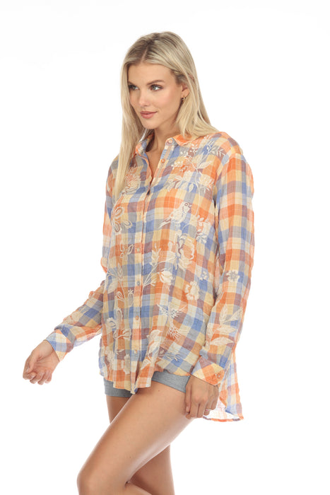 Johnny Was Workshop Harlow Plaid Embroidered Oversized Shirt Tunic Top Boho Chic W25223 NEW