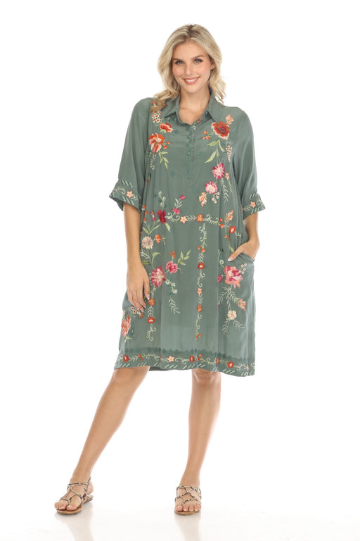 Johnny Was Workshop Style W38024 Henley Kimono Sleeve Embroidered Silk Slip Dress Boho Chic
