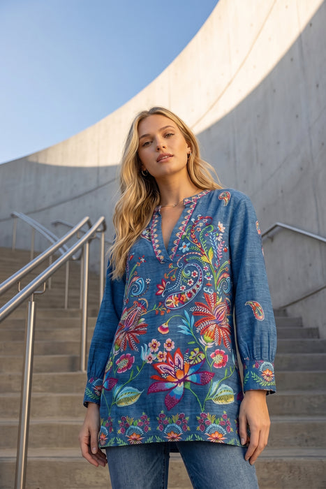 Johnny Was Workshop Blue Henley Voyager Tunic Top W22425-6