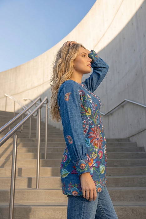 Johnny Was Workshop Blue Henley Voyager Tunic Top W22425-6