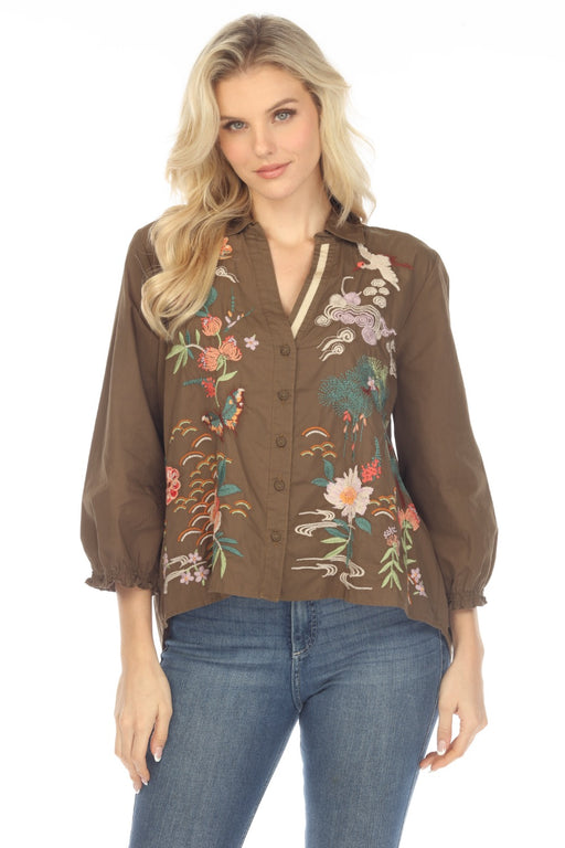 Johnny Was Workshop Style W14223 Heron Relaxed Smocked Embroidered Shirt Boho Chic