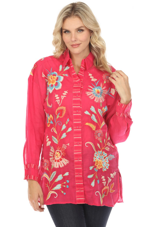 Johnny Was Workshop Style W29824 Pink Joele Bias Yoke Embroidered Shirt Tunic Top Boho Chic