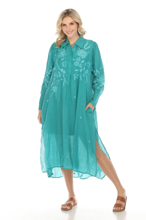 Johnny Was Workshop Style W32623-E Mallard Green Miel Henley Embroidered Shirt Dress Boho Chic