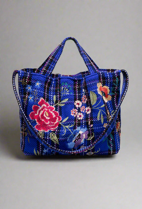 Blue plaid tote handbag with floral embroidery, double handle, and long strap