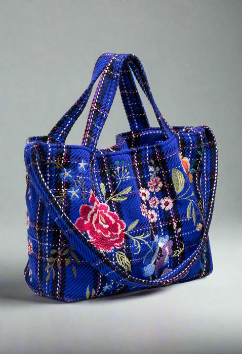 Johnny Was Workshop Blue Plaid Mila Tote Bag W09724-E