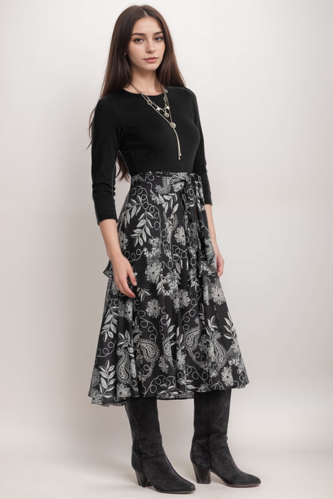 Johnny Was Workshop Black Mixed Media Wrap Tie Dress W31425-1