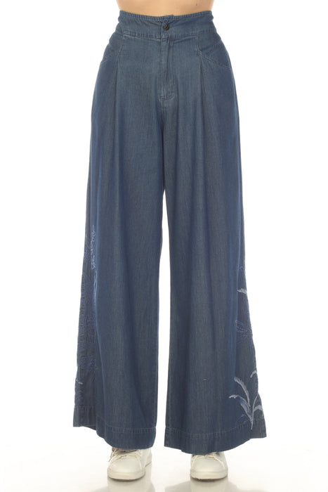 Denim blue wide leg pants with high waist and floral embroidery from Johnny Was