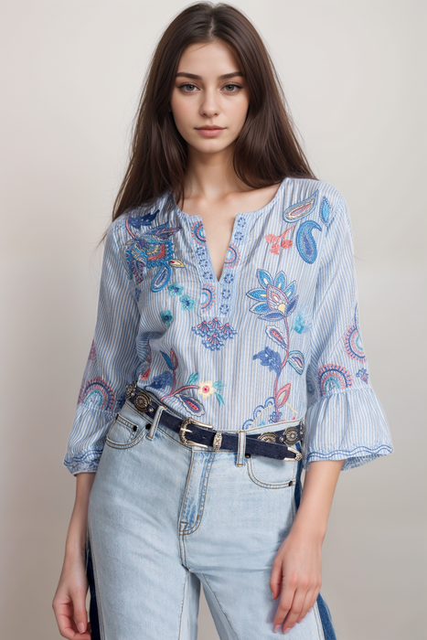 Johnny Was Workshop Blue Stripe Neilly Ruffle Sleeve Silk Blouse W19325-2