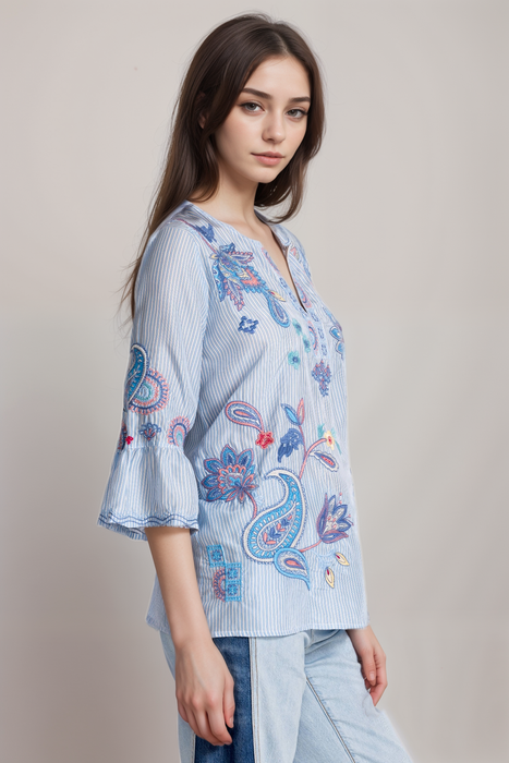 Johnny Was Workshop Blue Stripe Neilly Ruffle Sleeve Silk Blouse W19325-2