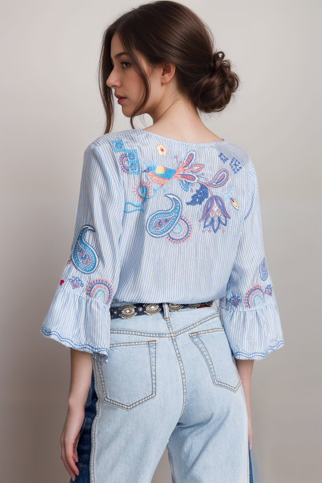 Johnny Was Workshop Blue Stripe Neilly Ruffle Sleeve Silk Blouse W19325-2