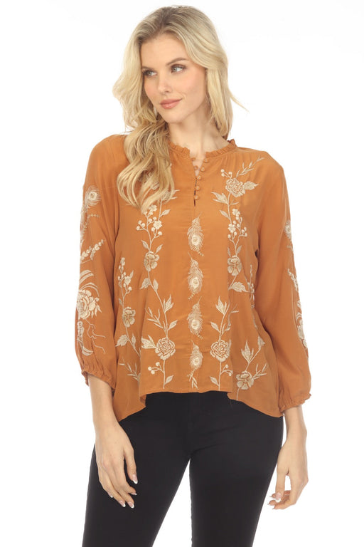 Johnny Was Workshop Style W13823 Ochre Calipso Button Neck Field Silk Blouse Boho Chic