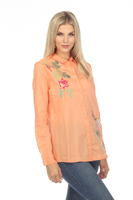 Johnny Was Workshop Orange Adele Embroidered Button-Down Shirt Boho Chic W11323 NEW