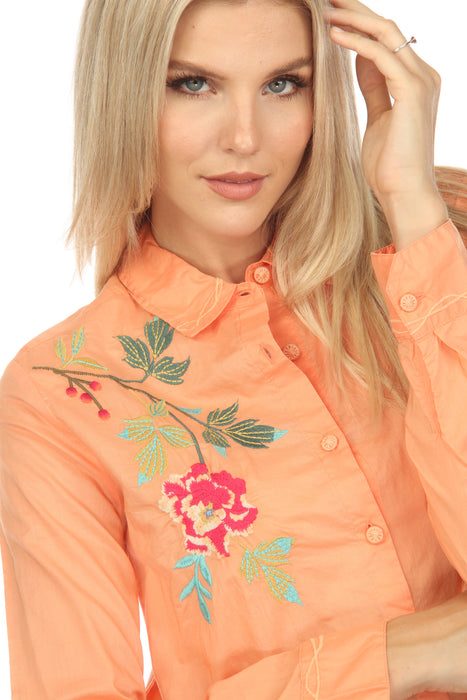 Johnny Was Workshop Orange Adele Embroidered Button-Down Shirt Boho Chic W11323 NEW