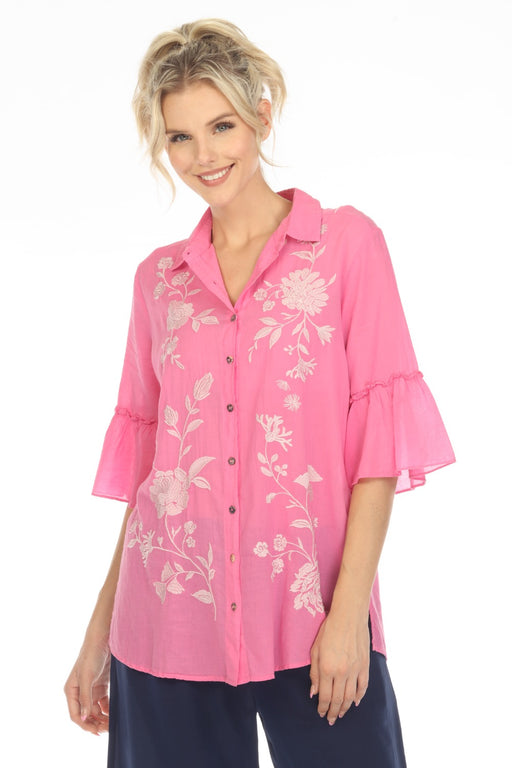 Johnny Was Workshop Style W26123 Pink Sylvie Embroidered Ruffle Sleeve Tunic Top