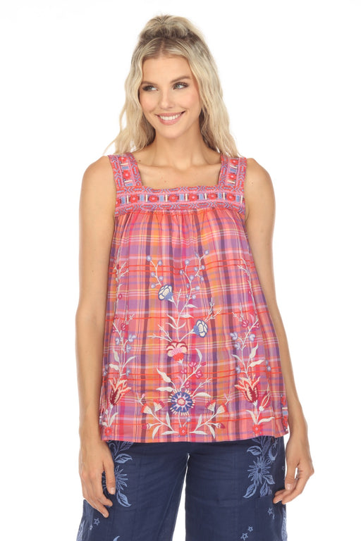 Johnny Was Workshop Style W10823 Piper Plaid Embroidered Square Neck Tank Boho Chic