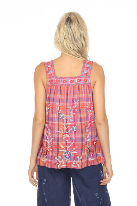 Johnny Was Workshop Piper Plaid Embroidered Square Neck Tank Boho Chic W10823
