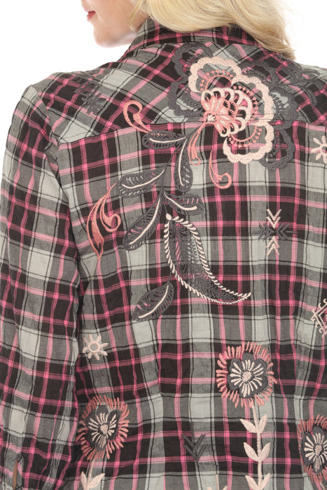 Johnny Was Workshop Plaid Embroidered 3/4 Sleeve Shirt Boho Chic W13224