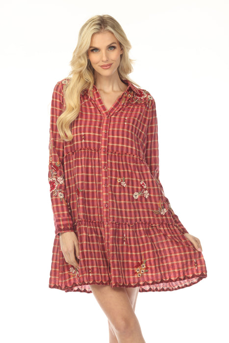 Johnny Was Workshop Red Plaid Embroidered Tiered Dress W35522-0