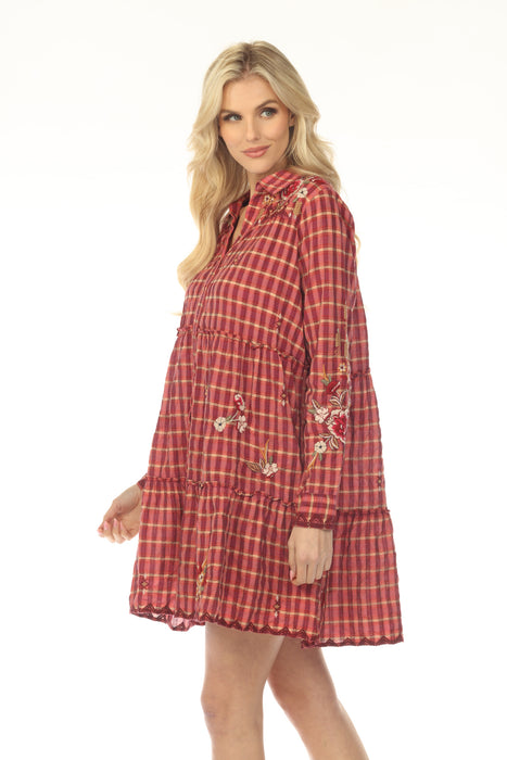 Johnny Was Workshop Red Plaid Embroidered Tiered Dress W35522-0