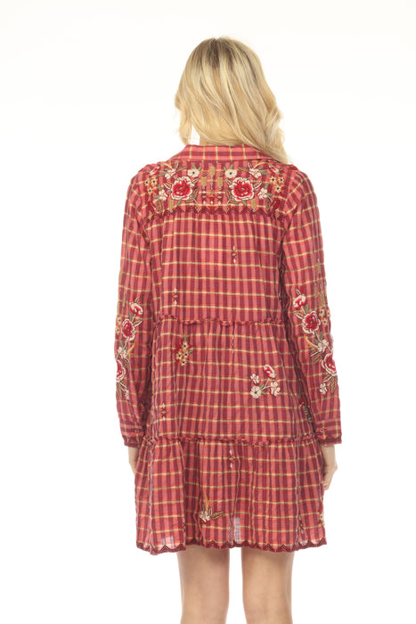 Johnny Was Workshop Red Plaid Embroidered Tiered Dress W35522-0
