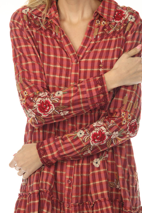 Johnny Was Workshop Red Plaid Embroidered Tiered Dress W35522-0