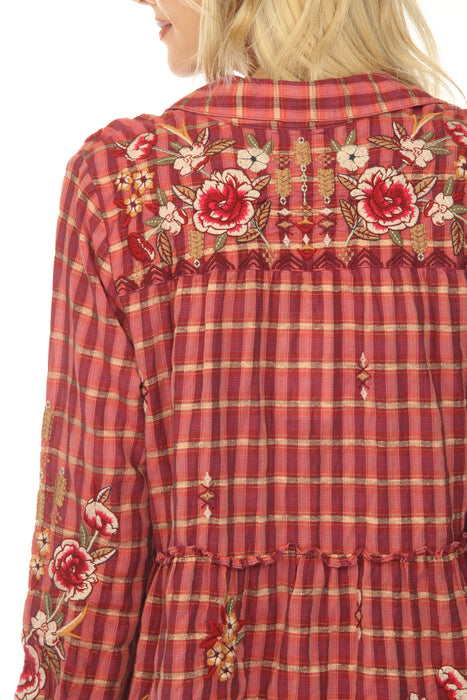 Johnny Was Workshop Red Plaid Embroidered Tiered Dress W35522-0