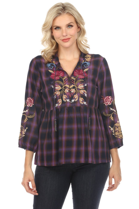 Johnny Was Workshop Style W14924 Plaid Embroidered V-Neck Swing Blouse Boho Chic