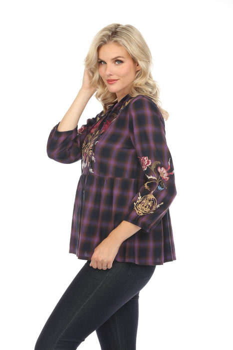 Johnny Was Workshop Plaid Embroidered V-Neck Swing Blouse Boho Chic W14924