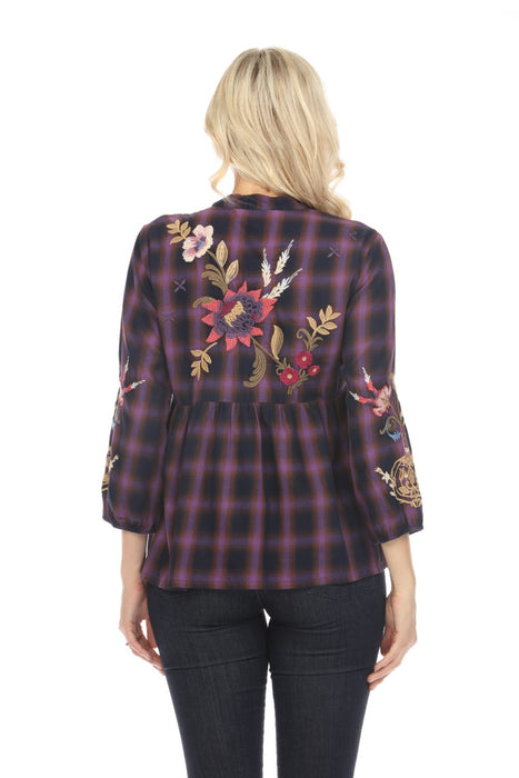 Johnny Was Workshop Plaid Embroidered V-Neck Swing Blouse Boho Chic W14924