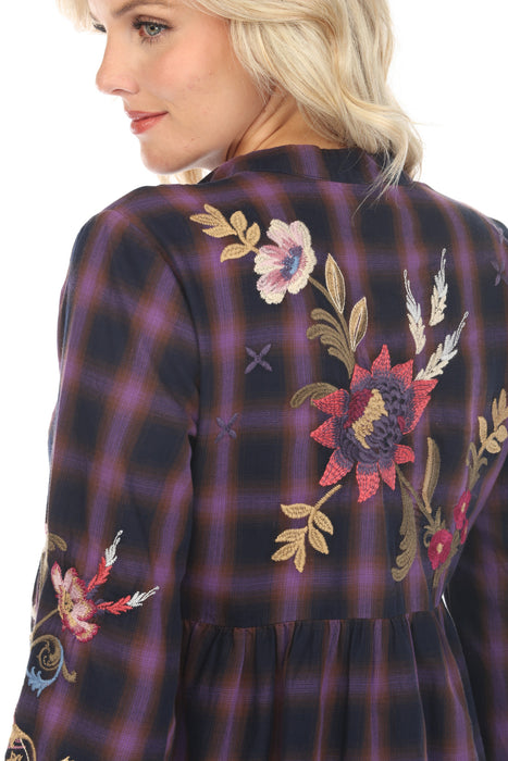 Johnny Was Workshop Plaid Embroidered V-Neck Swing Blouse Boho Chic W14924