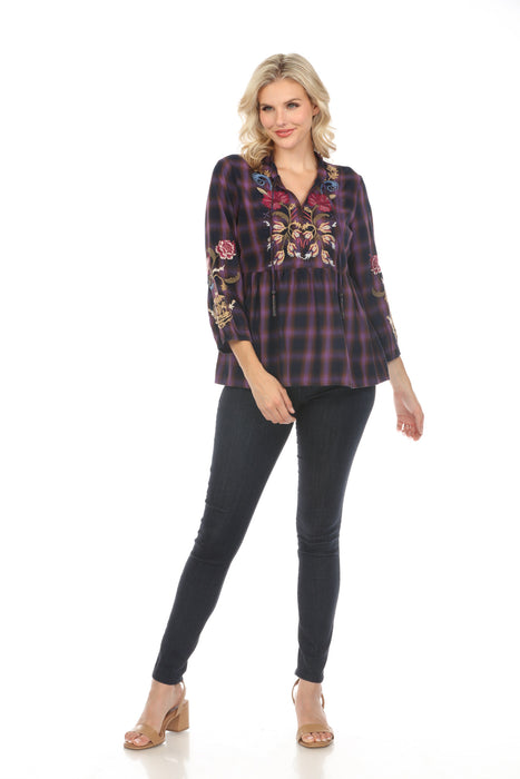 Johnny Was Workshop Plaid Embroidered V-Neck Swing Blouse Boho Chic W14924