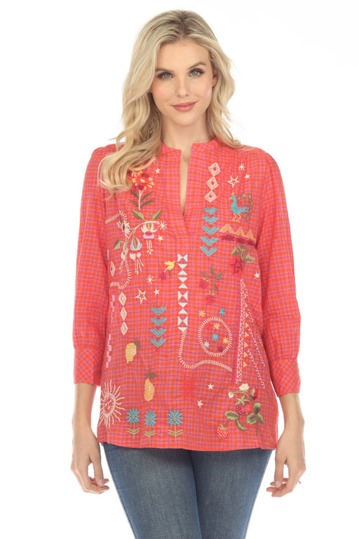 Johnny Was Workshop Style W26723 Plaid Lyonne Henley Shift Tunic Top Boho Chic