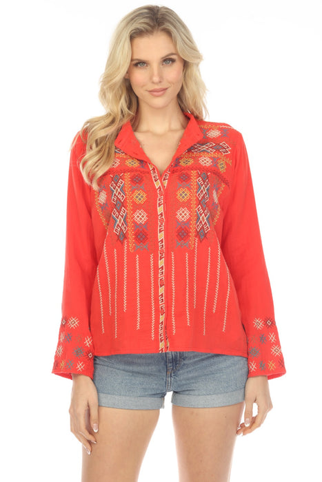 Johnny Was Workshop Style W10008 Red Embroidered Button-Down Blouse Boho Chic