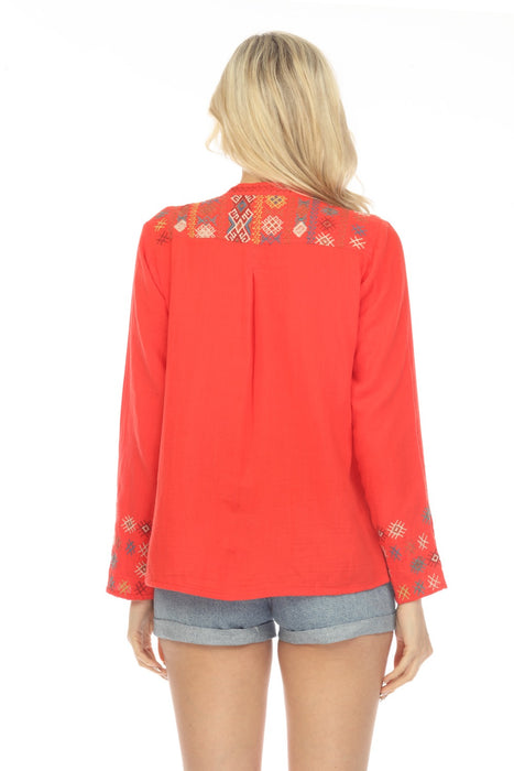 Johnny Was Workshop Red Embroidered Button-Down Blouse Boho Chic W10008