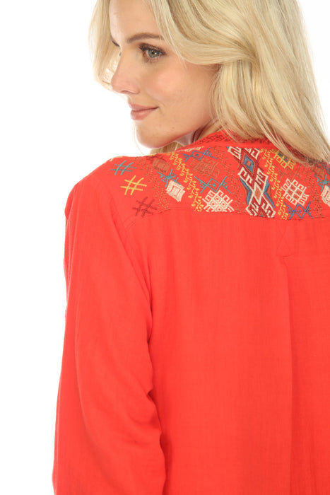 Johnny Was Workshop Red Embroidered Button-Down Blouse Boho Chic W10008