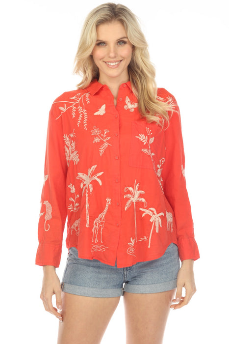 Johnny Was Workshop Style W12623 Red Sarabi Embroidered Boxy Pocket Shirt Boho Chic