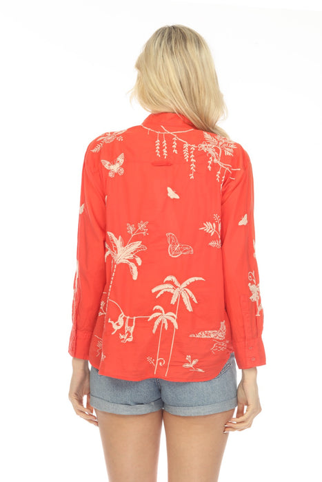 Johnny Was Workshop Red Sarabi Embroidered Boxy Pocket Shirt Boho Chic W12623