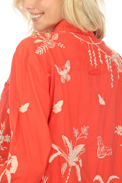 Johnny Was Workshop Red Sarabi Embroidered Boxy Pocket Shirt Boho Chic W12623