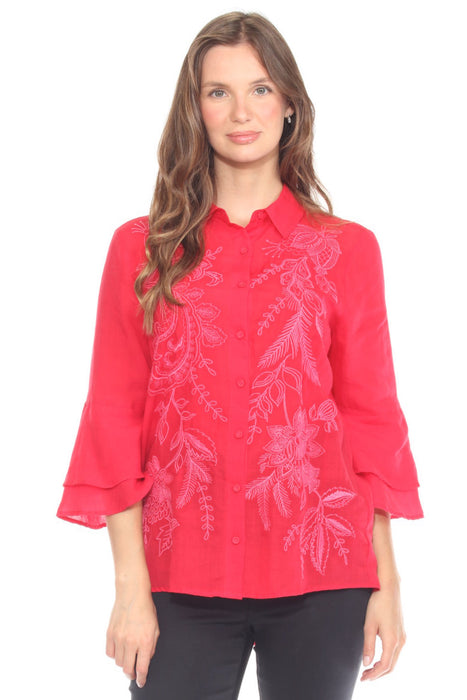 Johnny Was Workshop Style W18925-1 Red Roberta 3/4 Sleeve Flounce Shirt